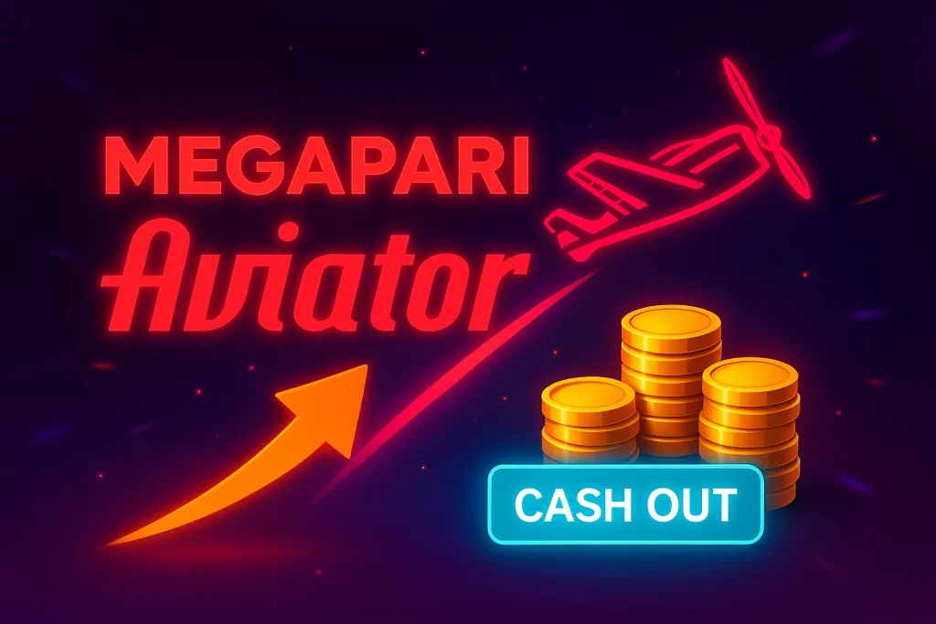 Megapari Aviator – Uçuşta Kazanma Heyecanı Megapari Aviator oyununda uçak ve “Cash Out” butonu bulunan neon tasarım