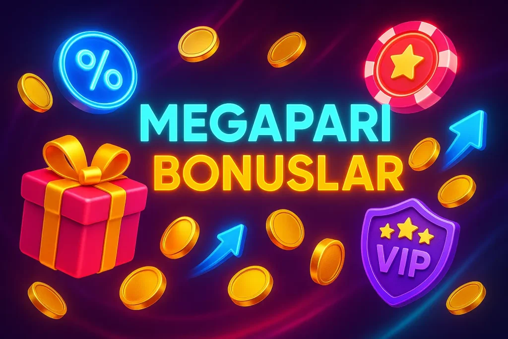 Megapari Bonuslar – Özel Ödüller ve Fırsatlar Megapari bonusları ve VIP ödülleri içeren neon tasarım